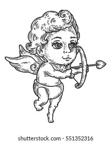 Cupid angel love valentines day character. Hand drawn sketch vector illustration. Romantic symbol of love. Cute baby cupid character. Emblem, logo, banner, badge for poster, web, mobile, icon