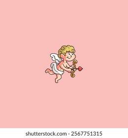 Cupid angel mascot cartoon targeting a couple with a love arrow