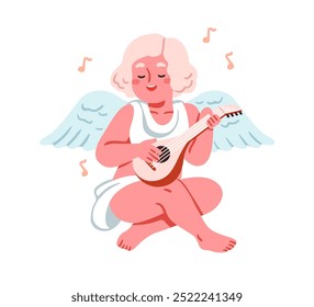 Cupid angel playing lute, love melody. Cute girl cherub, romantic character with wings, plucking music instrument, singing for Valentine s Day. Flat vector illustration isolated on white background