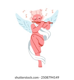 Cupid angel playing music on flute, flying. Cute adorable cherub kid character, winged girl celebrating romantic love, happy Valentine's day. Flat vector illustration isolated on white background