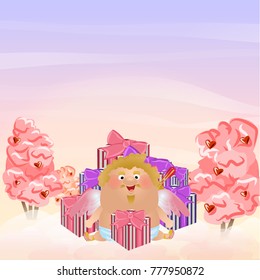 Cupid or an angel sits near a big pile of packaged gifts in boxes. Cute vector character. Postcards on day of St. Valentine. Clouds, sky, pink trees with berries hearts. Dawn.