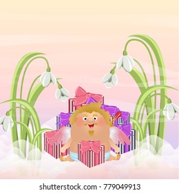 Cupid or an angel sits near a big pile of packaged gifts in boxes. Cute vector character. Postcards on the day of St. Valentine. Clouds, sky, dawn, large white flowers snowdrops