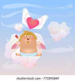 Cupid or an angel sitting on a cloud lets out a big heart with white wings. Cute vector character. Postcards on the day of St. Valentine. Blue sky with clouds in the form of hearts.