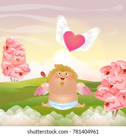 Cupid or an angel sitting on a cloud lets out a big heart with white wings.  Cute vector character. Day of St. Valentine. Green meadow. Clouds, sky, pink trees with berries hearts