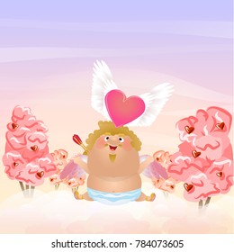 Cupid or an angel sitting on a cloud lets out a big heart with white wings. Cute vector character. Postcards on day of St. Valentine. Clouds, sky, pink trees with berries hearts. Dawn.
