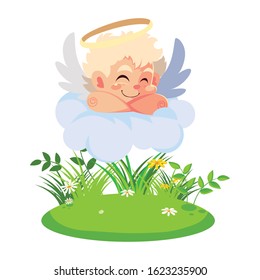 cupid angel sleeping on a cloud, valentines day vector illustration design