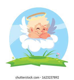 cupid angel sleeping on a cloud, valentines day vector illustration design