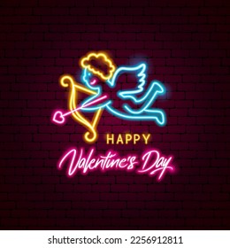 Cupid Angel Valentine Day Neon. Vector Illustration of Love Holiday Romance Concept. Glowing Led Lamp.