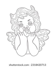 Cupid angel. Vector monochrome illustration isolated on white background.