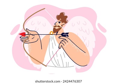 Cupid with angel wings and bow and arrow brings single people together on valentine day. Guy dressed as cupid for valentine day party encourages love or being more romantic to find match.