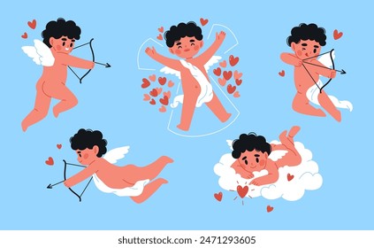 Ángeles cupidos con arco, flechas y corazones. Ilustración vectorial dibujada a mano