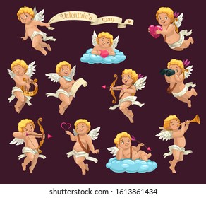Cupid angels cartoon vector characters of Valentines Day holiday. Cartoon Amurs or cherubs flying with hearts, arrows and bows, love letter, harp and pipe, clouds, binoculars and vintage ribbon banner
