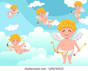 Cupid angels characters flying with bow and arrow clouds background. Happy Valentine's Day. Vector illustration decorative element on Valentine