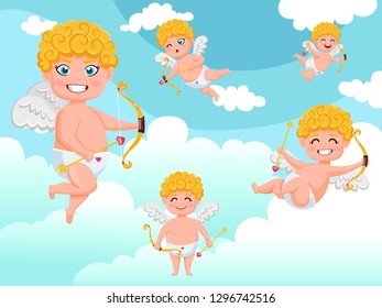 Cupid angels characters flying with bow and arrow clouds background. Happy Valentine's Day. Vector illustration decorative element on Valentine