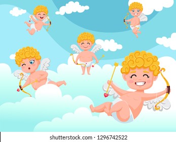 Cupid angels characters flying with bow and arrow clouds background. Happy Valentine's Day. Vector illustration decorative element on Valentine