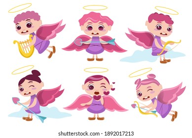 Cupid angels characters. Flying, sitting on clouds, spreading love. Happy Valentine's Day. Cute character in different poses. Vector illustration