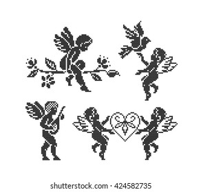 Cupid angels. Valentines Day. Set. Cross stitch. Scheme of knitting and embroidery. Vector.