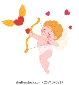 Cupid angels vector character of Valentine's Day holiday. Cartoon flying  Amurs with hearts, bow and arrow hand drawn sticker illustration