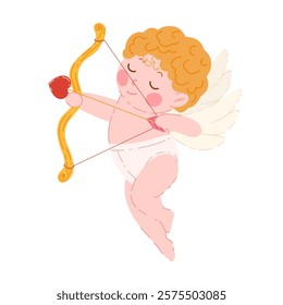 Cupid angels vector character of Valentine's Day holiday. Cartoon flying  Amurs with bow and heart shape arrow hand drawn sticker illustration