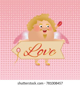 Cupid or angle holds a sign with the inscription Love. Cute vector character. Postcards on the day of St. Valentine. Retro background of pink circles.