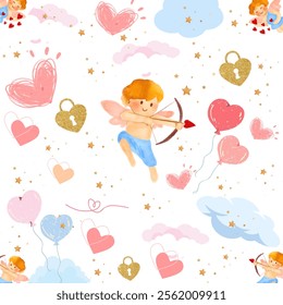 Cupid and Angle Valentine's Day with Pink Heart,Star Kawaii Pastel Tone Key Gold Design