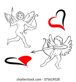 Cupid with an arrow and an arbalest against hearts