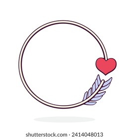 Cupid Arrow Curved by Circle with Heart Shaped Tip. Valentines Day Symbol. Vector Illustration. Hand drawn Cartoon Clip Art with Outline. Design Element Isolated on White Background