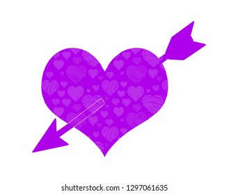 Cupid Arrow Going Through Purple Heart with Doodle Pattern. Love Sign. Happy Valentines Day Symbol Isolated on White Background. Vector Illustration. Sticker, Greeting Card, Minimal Design Style Print