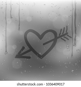 Cupid arrow heart draw on rainy window. Sadness romantic rain template on glass surface