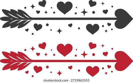 Vector de adorno de corazón de flecha de cupido con una flecha de amor con punta de corazón, rodeado de corazones Pequeños y destellos. Disponible en versiones negras y rojas, diseño de silueta plana limpia aislada sobre fondo blanco, ideal para tarjetas de San Valentín, citas de amor, diseños de bodas, carteles románticos, pegatinas y decoraciones imprimibles.