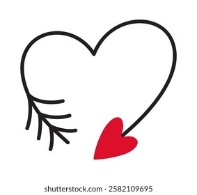 Cupid arrow in heart shape doodle style Hand drawn trendy flat style love isolated icon Romantic symbol of love for web graphic design poster tattoo Valentines Day card line art Vector illustration