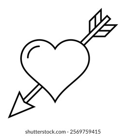 Cupid arrow heart vector icon. Romantic love symbol for Valentine's Day, relationship, and marriage design. Black outline clipart isolated on white background.