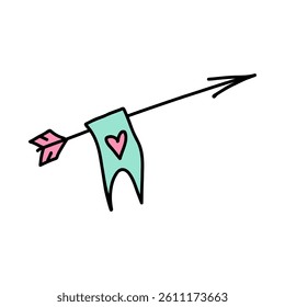 Cupid arrow with love message in doodle style. Hand drawn cupid arrow perfect for expressing love, romance on Valentines Day. Ideal cupid arrow design for cards and decorations celebrating affection