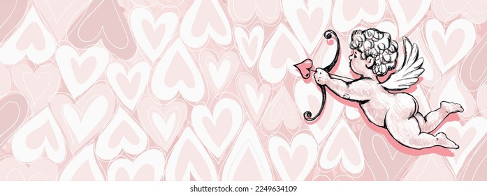 Cupid with an arrow on a pink background with white hearts, modern background with copy space. Gentle wedding invitation, love, romance, mythology. Valentine s day vector illustration.