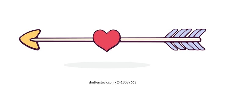 Flecha cubia con corazón perezoso en el medio. Símbolo de San Valentín. Ilustración vectorial. Dibujar a mano imágenes prediseñadas de dibujos animados con contorno. Elemento de diseño aislado en fondo blanco