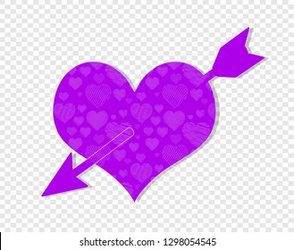Cupid Arrow. Violet Pierced Heart with Hand Drawn Ornament. Love Sign. Happy Valentines Day Symbol Isolated on Transparent Background. Vector Illustration. Sticker, Greeting Card, Minimal Style Print.