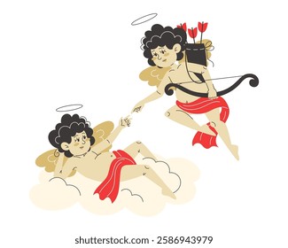 Cupid with arrows and bow reaching out to another Cupid lying on a cloud for Valentine's Day