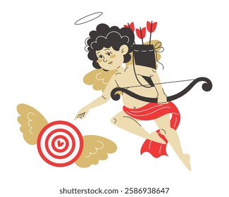 Cupid with arrows and a bow reaching for the target board for shooting on Valentine's Day
