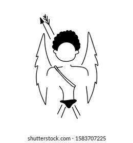 Cupid with arrows in the clouds and curly hairstyle with wings. Vector doodle illustration isolated on white background. Angel outline Valentine's day symbol. Summer love day. Design postcard, print. 