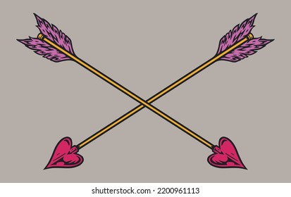 Cupid arrows colorful emblem vintage two crossed bow arrows with hearts symbolize love and amour stories vector illustration