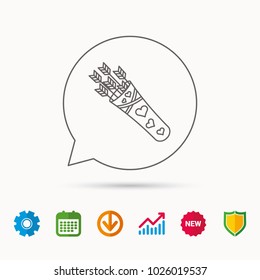Cupid arrows icon. Love weapon sign. Calendar, Graph chart and Cogwheel signs. Download and Shield web icons. Vector