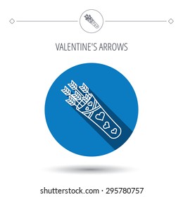 Cupid arrows icon. Love weapon sign. Blue flat circle button. Linear icon with shadow. Vector