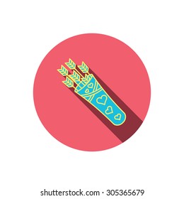 Cupid arrows icon. Love weapon sign. Red flat circle button. Linear icon with shadow. Vector