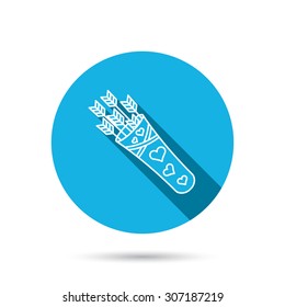 Cupid arrows icon. Love weapon sign. Blue flat circle button with shadow. Vector
