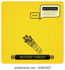 Cupid arrows icon. Love weapon sign. Chat speech bubbles. Orange line background. Vector