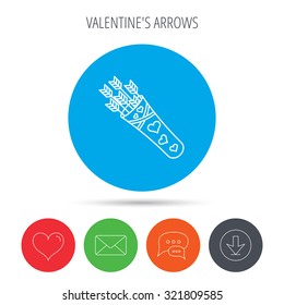 Cupid arrows icon. Love weapon sign. Mail, download and speech bubble buttons. Like symbol. Vector