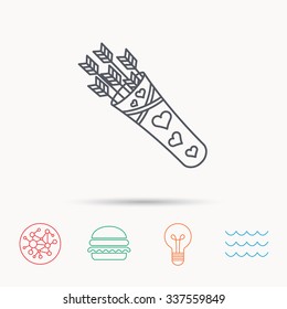 Cupid arrows icon. Love weapon sign. Global connect network, ocean wave and burger icons. Lightbulb lamp symbol.
