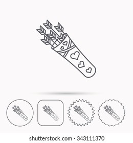 Cupid arrows icon. Love weapon sign. Linear circle, square and star buttons with icons.