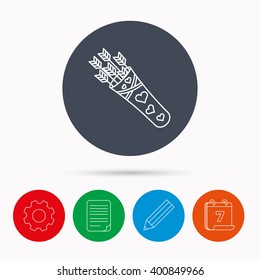 Cupid arrows icon. Love weapon sign. Calendar, cogwheel, document file and pencil icons.