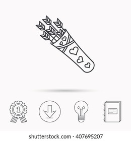 Cupid arrows icon. Love weapon sign. Download arrow, lamp, learn book and award medal icons.